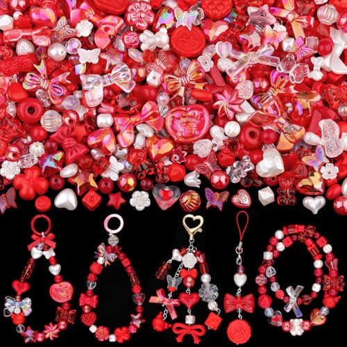 170–230 Stück rote Acrylperlen für Armbandherstellung, Blumenschleife, Schmetterling, Süßigkeiten, Stern, Herz, Gummibärchen, Kawaii-Armbandanhänger, niedliche Perlen für Schmuckherstellung, DIY, von TINKRSTUFF