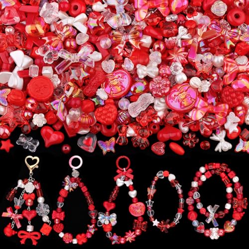 170–230 Stück rote Acrylperlen für Armbandherstellung, Sterne, Blume, Schleife, Schmetterling, Süßigkeiten, Herz, Gummibärchen, Kawaii-Armbandanhänger, niedliche Perlen für Schmuckherstellung, DIY, von TINKRSTUFF