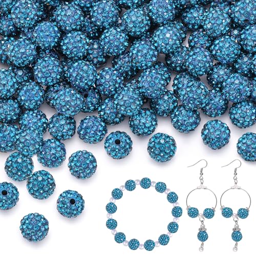 200 Stück 10 mm blaue Zirkon-Strassperlen zum Basteln, glänzende runde Shamballa-Discokugel-Perlen, ausgefallene funkelnde Kristall-Ton-Perlen für Halsketten, Armbänder, Ohrringe, Schmuckherstellung von TINKRSTUFF