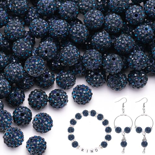 200 Stück 10 mm blaue schwarze Strassperlen zum Basteln, glänzende runde Shamballa-Discokugel-Perlen, ausgefallene funkelnde Kristall-Ton-Perlen für Halsketten, Armbänder, Ohrringe, Schmuckherstellung von TINKRSTUFF