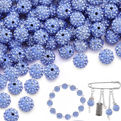 200 Stück 10 mm hellblaue Strassperlen zum Basteln, glänzende runde Shamballa-Discokugel-Perlen, ausgefallene funkelnde Kristall-Ton-Perlen für Halsketten, Armbänder, Ohrringe, Schmuckherstellung und von TINKRSTUFF