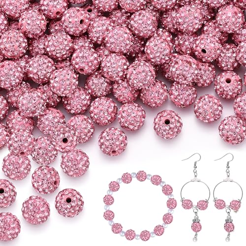 200 Stück 10 mm rosa Strassperlen zum Basteln, glänzende runde Shamballa-Discokugel-Perlen, ausgefallene funkelnde Kristall-Ton-Perlen für Halsketten, Armbänder, Ohrringe, Schmuckherstellung und von TINKRSTUFF