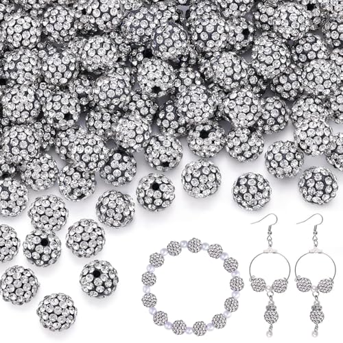 200 Stück 10 mm schwarz-weiße Strassperlen zum Basteln, glänzende runde Shamballa-Discokugel-Perlen, ausgefallene funkelnde Kristall-Ton-Perlen für Halsketten, Armbänder, Ohrringe, Schmuckherstellung von TINKRSTUFF