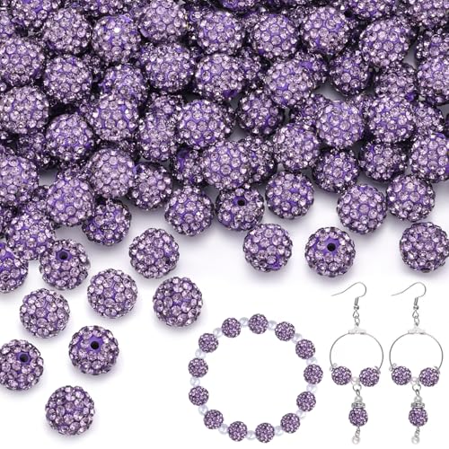 200 Stück 10 mm violette Strassperlen zum Basteln, glänzende runde Shamballa-Discokugel-Perlen, ausgefallene funkelnde Kristall-Ton-Perlen für Halsketten, Armbänder, Ohrringe, Schmuckherstellung und von TINKRSTUFF