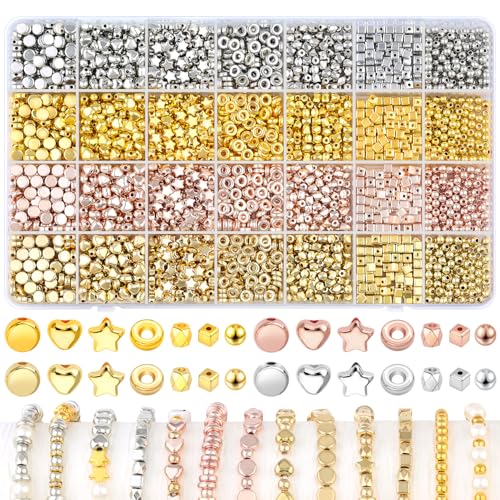 2480 Stück gemischte goldene Abstandshalter-Perlen, glänzend, CCB, rund, Herz, Stern, flach, rautenförmig, Würfelperlen für Schmuckherstellung, mehrere Formen, Acryl-Mini-Perlen-Set für DIY Handwerk von TINKRSTUFF