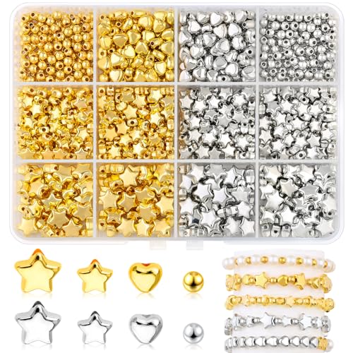 920 Stück sortierte goldene Abstandshalter-Perlen, glänzendes CCB rundes Herz und Stern in 6 mm und 8 mm, Perlen für Schmuckherstellung, mehrere Formen, Acryl-Mini-Perlen-Set für DIY-Armbänder, von TINKRSTUFF