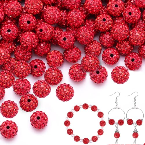 Rote Strassperlen zum Basteln, glänzende runde Shamballa-Discokugel-Perlen, ausgefallene funkelnde Kristall-Ton-Perlen für Halsketten, Armbänder, Ohrringe, Schmuckherstellung und DIY-Dekoration, 10 von TINKRSTUFF