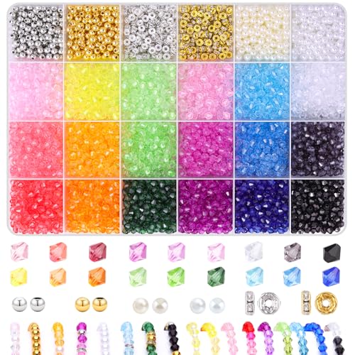 Tinkrstuff 4620 Stück 4 mm Doppelkegel Kristallperlen, 18 Farben, facettierte Acrylperlen und 6 Farben, Abstandshalter, Perlen, Goldperlen für Armbänder, Halsketten, Sonnenfänger, Schlüsselanhänger, von TINKRSTUFF