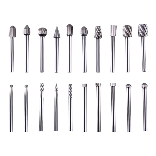 TIOMIOSEA 20 Stück HSS Rotationsfräser Set, Hartmetall Einzelklingenfräser, 3mm Schaft Holzschnitzerei Bohrer Set für DIY Holzbearbeitung, Schnitzen, Bohren, Metall Polieren, Schleifen von TIOMIOSEA