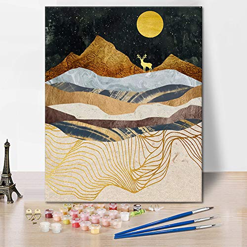 TISHIRON Abstrakte Berg Malen nach Zahlen Mond und Rehe DIY DIY Handbemalte Kits Kunstwerk für Wohnkultur Leinwand Gemälde Geschenk für Erwachsene Anfänger Kinder 16 "x 20" (Rahmenlos) von TISHIRON