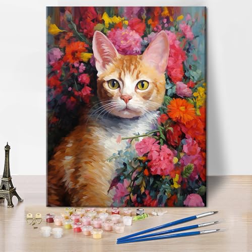 Abstrakte Blume und Katze Malen nach Zahlen für Erwachsene Orange Katze Malen nach Zahlen Kits Kinder niedlichen Kätzchen Malen nach Zahlen DIY Malen nach Zahlen Canvas Kunsthandwerk, 16 "x20" von TISHIRON