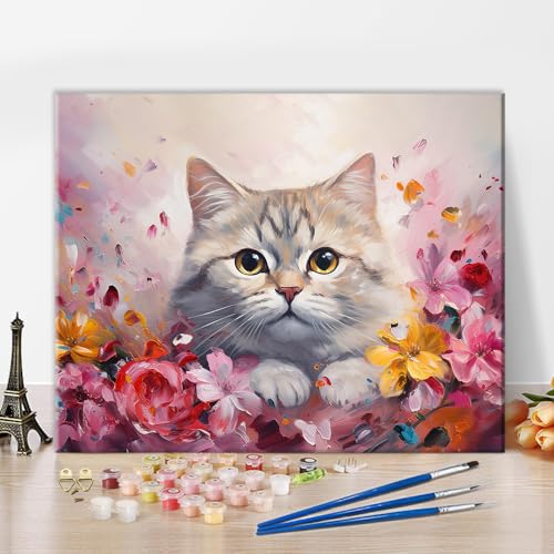 Abstrakte Katzen DIY Malen nach Zahlen Niedliche Kätzchen Malen nach Zahlen für Erwachsene Tierkunst Kinder Malen nach Zahlen Kinder auf Leinwand Blumen Malen nach Zahlen für Erwachsene Anfänger 16x20 von TISHIRON