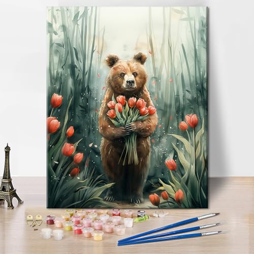 Bär hält Tulpen Aquarellmalerei Malen nach Zahlen für Erwachsene Niedliches Tier Wald Malen nach Zahlen Kits für Anfänger und Kinder Acryl Ölmalerei nach Zahlen für Erwachsene Kunsthandwerk 16x20 Zoll von TISHIRON