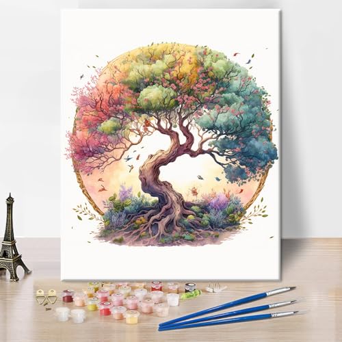 Baum Farbe nach Zahlen für Erwachsene, Baum des Lebens Acrylfarbe nach Zahl Kits Baum des Lebens im bunten Frühling Ölgemälde Farbe nach Zahlen für Erwachsene Anfänger Kunstwerk Wand Dekor, 16"x 20" von TISHIRON