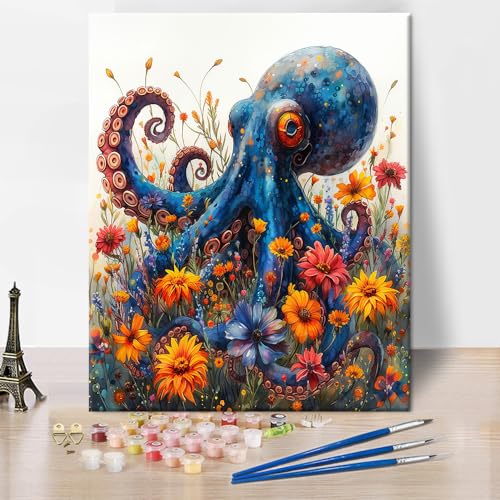 Blauer Oktopus Malen nach Zahlen für Erwachsene Blumenfeld Malen nach Zahlen Einfaches Malen Kleines Gänseblümchen Interessantes Aquarell Malen nach Zahlen für Wanddekoration Acrylmalerei Kit 16"x20" von TISHIRON