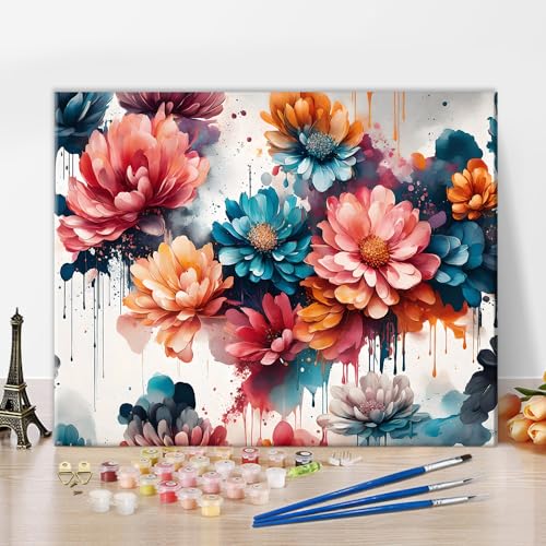 Blumen DIY Malen nach Zahlen, Ölmalerei Kit abstrakte florale Leinwand Malen nach Zahlen Kit für Erwachsene, bunte Blumen Malerei Kunsthandwerk für Home Wall Decor Geschenk, 16x20 Inch ohne Rahmen von TISHIRON