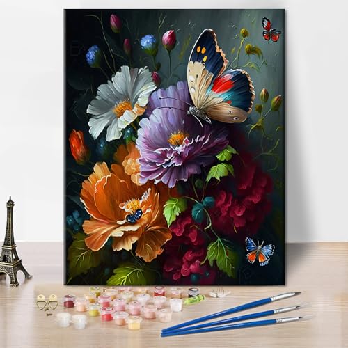 Blumen Farbe nach Zahlen für Erwachsene Bunte Blumen Einfache Farbe nach Zahlen Schmetterling Ölgemälde Farbe nach Zahlen für Wand Dekor Acryl Malerei Kit auf Leinwand Wandkunst, 16x20 Inch Rahmenlos von TISHIRON