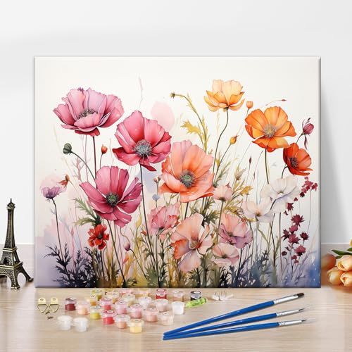 Blumen malen nach Zahlen für Erwachsene, Acryl bunte Blumen malen nach Zahlen Kits, Aquarell Blumen malen nach Zahlen für Erwachsene Anfänger Wanddekoration Ölmalerei Geschenk, 16x20 Inch Flammenlos von TISHIRON