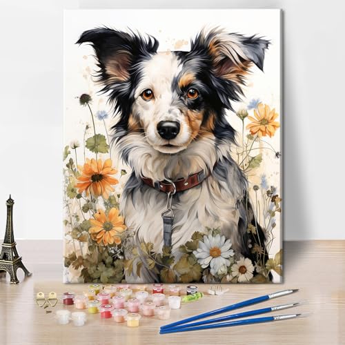 Border Shepherd Digital Zeichnung Erwachsene Anfänger, Hund Tier Digitale Zeichnung Haustiere Sonnenblumen DIY Propylen Zeichnung Kit für Kinder Digital Zeichnung Kit für Erwachsene Kunst 16 x 20 Zoll von TISHIRON