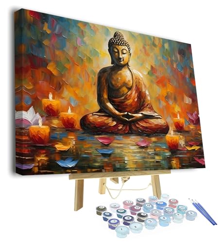 Buddha DIY Malen nach Zahlen Buntes Abstraktes Malen nach Zahlen für Erwachsene Kinder Anfänger Malen nach Zahlen auf Leinwand Statue mit Lotusblume und Kerze Ornament Ölmalerei Kits 16 "x20Gerahmt von TISHIRON