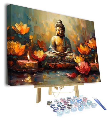 Buddha Malen nach Zahlen für Erwachsene, Religiöser Lotus Ölgemälde für Kinder Seelandschaft Boot Malerei Malen nach Zahlen Kits Acrylfarbe, Zeichnung Malerei mit Pinseln Ölmalerei Home DecorGerahmt von TISHIRON