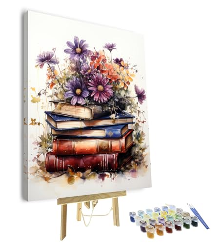 Bücher Malen nach Zahlen für Erwachsene Anfänger Floral auf Bücher Zahl Malerei für Erwachsene DIY Handwerk für Erwachsene Aquarell Malerei Set Zeichnung Malerei für Geschenk (Gerahmt, 40x50cm） von TISHIRON