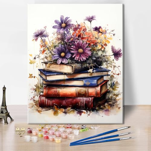 Bücher Malen nach Zahlen für Erwachsene Anfänger Floral auf Bücher Zahl Malerei für Erwachsene DIY Handwerk für Erwachsene Aquarell Malerei Set Zeichnung Malerei für Geschenk (Rahmenlos, 40x50cm） von TISHIRON