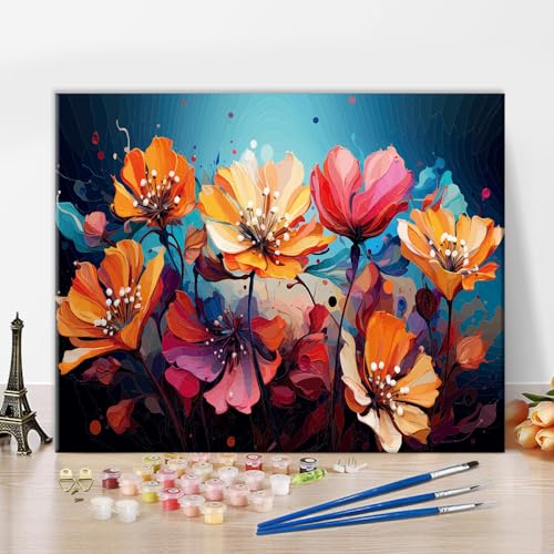 Bunte Blumenfarbe nach Zahlen Pop Art Blumen Farbe nach Zahlen Kit für Erwachsene, Aquarell Blumen Erwachsene Farbe nach Zahlen Kits, Einfache Farbe nach Zahlen für Anfänger Kunst Handwerk 16x20 inch von TISHIRON