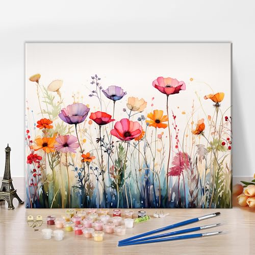 Bunte Blumenfeld Malen nach Zahlen für Erwachsene Kinder Aquarell DIY Kunst Handwerk Anfänger abstrakte florale Malen nach Zahlen Kit Ölmalerei Erwachsene Malen nach Zahlen Kits auf Leinwand 16 "x20" von TISHIRON