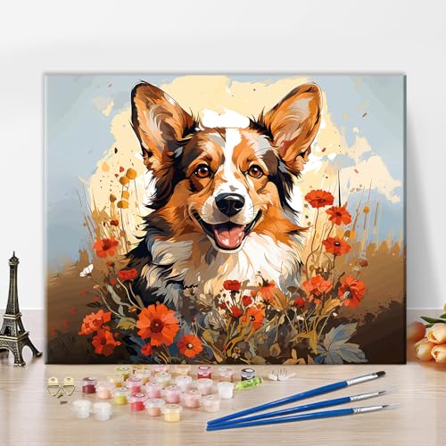 Corgi Malen nach Zahlen für Erwachsene, Niedliche Hundewelpen Malerei für Kinder Abstrakte Blumenmalerei Malen nach Zahlen Kits Acrylfarbe, Zeichnung Malerei mit Pinseln Ölmalerei Home Decor16x20 Zoll von TISHIRON