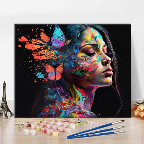 DIY Farbe nach Zahl Mädchen Abstrakte Portraitfarbe nach Zahlen für Erwachsene Bunte Mädchen Erwachsene Farbe nach Zahlen auf Leinwand Wandkunst Schmetterling Mädchen Farbe Anfänger Geschenk 16"x20" von TISHIRON