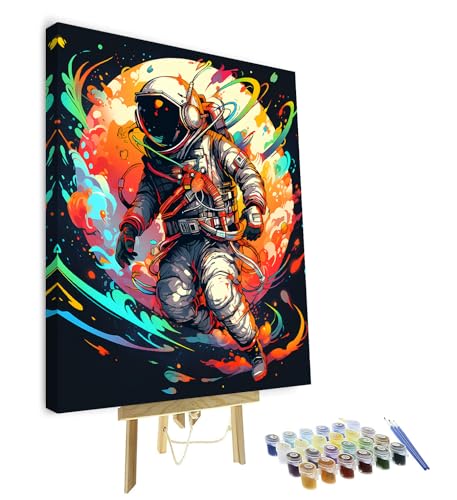 DIY Malen nach Zahlen Abstrakter Astronaut Malen nach Zahlen Malen nach Zahlen Kits auf Leinwand Bunter Mond Malen nach Zahlen für Erwachsene Anfänger - Moderne Dekoration Kunstwerk 16x20inchGerahmt von TISHIRON