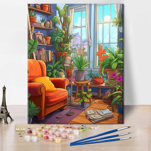 DIY Malen nach Zahlen Erwachsene Cartoons Stil Das Wohnzimmer Illustration Erwachsene Malen nach Zahlen Kits auf Leinwand Malen nach Zahlen Kunsthandwerk für Home Wall Deco 40 x 50 cm(rahmenlos) von TISHIRON