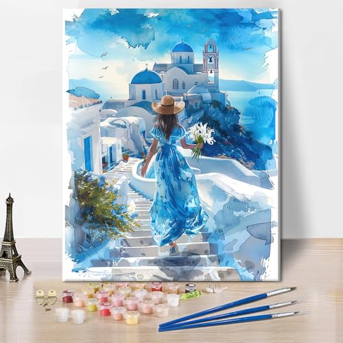 DIY Malen nach Zahlen für Erwachsene Anfänger Frau in einem blauen Kleid, Erwachsene Malen nach Zahlen Mädchen, Acryl Malen nach Zahlen Kits auf Leinwand Floral, Ölmalerei Kit 16 "x20"(Frameless) von TISHIRON