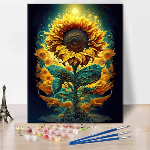 DIY Malen nach Zahlen für Erwachsene Sonnenblume Erwachsene Malen nach Zahlen Kits auf Leinwand Sonnenblumen auf dunklem Hintergrund Malen nach Zahlen Kit für Erwachsene Vintage Kunsthandwerk von TISHIRON