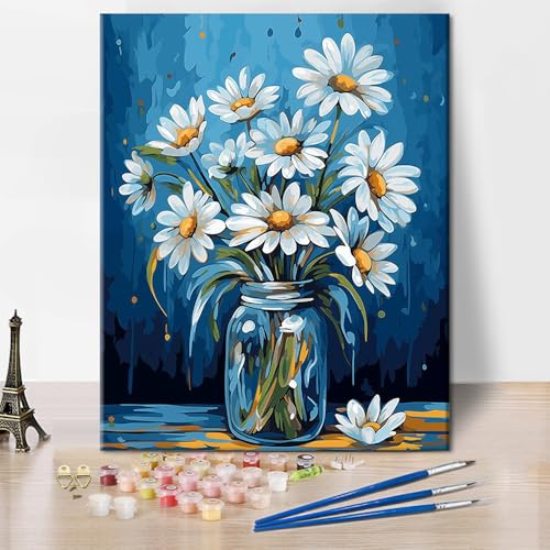 Daisy in der Vase Farbe nach Zahlen, Aquarell Gänseblümchen DIY Farbe nach Zahlen Kit für Erwachsene, Blumen Farbe nach Zahl auf Leinwand Farbe Geeignet für Home Wand Dekoration 16x20inch ohne Rahmen von TISHIRON