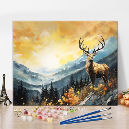 Deer Paint by Numbers Kit für Erwachsene, Forest Trees Deer Paint by Numbers, DIY Acryl Ölgemälde von Bergen Landschaft, 16x20inch moderne abstrakte Kunst für Erwachsene Kinder Anfänger Enthusiasten von TISHIRON