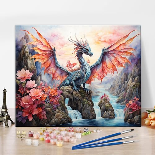 Drachenfarbe nach Zahlen Kit für Erwachsene, geflügelte Drachen DIY Ölgemälde Kit, abstrakte Leinwand Acrylpigment Rosa Landschaft Malerei Kunst Handwerk für Home Wall Decor Geschenk 16x20 Inch von TISHIRON