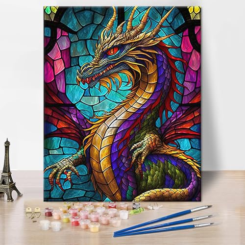 Dragon Paint by Numbers Kit für Erwachsene, Stained Glass Window Dragon Paint by Numbers, Glass Colorful Paint by Numbers Kit Beginner Abstract Artwork Wall Decor Oil Painting, 16 "x 20" ohne Rahmen von TISHIRON