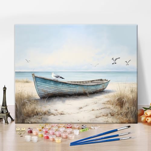 Farbe nach Zahlen Boot, Strand nach Zahl Kunstwerk Seelandschaft Malerei Farbe nach Zahl Kits Möwen Fliegen Ungerahmte Farbe nach Zahlen für Erwachsene Anfänger Wanddekoration Acrylfarben 16"x 20" von TISHIRON