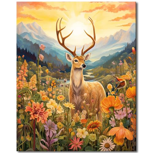 Farbe nach Zahlen Erwachsene, Tier Hirsch Farbe nach Zahl Kits Anfänger auf Leinwand DIY Ölfarbe nach Zahlen Malerei Bergblumen Sonnenuntergang Landschaft Wand Home Decor 16x20 Zoll ohne Rahmen von TISHIRON