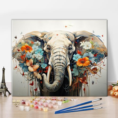 Farbe nach Zahlen Farbige Tiere, Farbe nach Zahl für Erwachsene Farbige Elefant Wand Leinwand Kunst, Farbe nach Zahlen für Erwachsene, Farbe nach Zahl Kit für Erwachsene 16X20 inch (Rahmenlos) von TISHIRON