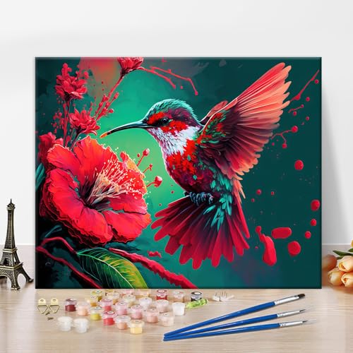 Farbe nach Zahlen Kolibri, DIY Farbe nach Zahlen Kit für Erwachsene und Kinder, Vogel Leinwand Malerei nach Zahlen, Blumen Aquarell Ölgemälde Acrylgemälde Kunst und Handwerk für Home Decor 16x20 Inch von TISHIRON