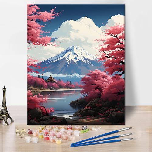 Farbe nach Zahlen Mt Fuji am See Kawaguchiko, DIY-Farbe nach Zahlen Kit für Erwachsene, Natürliche Landschaftsmalerei nach Zahlen Ölgemälde Acrylgemälde Kunst und Handwerk 16x20Inch ohne Rahmen von TISHIRON