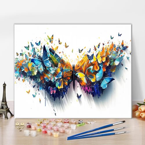 Farbe nach Zahlen Schmetterling Abstraktion Schöne Schmetterlinge DIY Farbe nach Zahlen Kit für Erwachsene Bunte Schmetterlinge Farbe nach Zahlen Kits auf Leinwand Acrylfarbe für Home Decor 16x20inch von TISHIRON