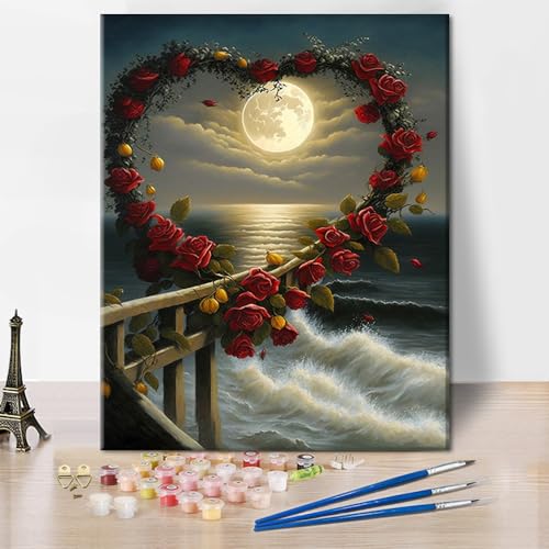 Farbe nach Zahlen Schöne Rosen DIY Acrylmalerei Kits Farbe nach Zahlen Liebe Rose Ölgemälde Geschenk Kunst Handwerk für Zuhause Rote Rose Meer Farbe nach Zahlen für Erwachsene Anfänger 16x20 Inch von TISHIRON