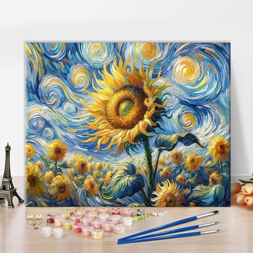 Farbe nach Zahlen Sonnenblume Sternennacht Farbe nach Zahl Kits Abstrakte Sternenhimmel Farbe nach Zahl für Erwachsene Anfänger DIY Ölgemälde Kits auf Leinwand Kunst Handwerk Geschenk 16 x20 Zoll von TISHIRON