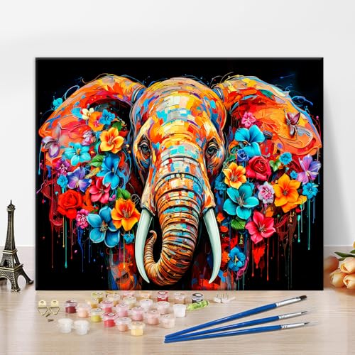 Farbe nach Zahlen für Erwachsene Kinder Elefant Erwachsene DIY Farbe nach Zahl Elefant Kopf Umgeben von bunten Blumen Boho Kunst Handwerk Farbe nach Zahlen Kits Nordic Modern Home Decor 16"x20" von TISHIRON