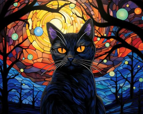 Farbige Glas-Stil Malen nach Zahlen Erwachsene, Halloween Katze Malen nach Zahlen, Malen nach Zahlen de Pinsel und Acrylfarbe, 16X20Inch Mond Flammen Malen nach Zahlen Erwachsene Familie Freunde von TISHIRON