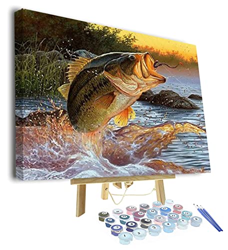 Fisch Malen nach Zahlen für Erwachsene Anfänger DIY Erwachsene Malen nach Zahlen Kits auf Leinwand Angeln Fischköder Acrylfarbe Zeichnung Malerei mit Pinseln Ölmalerei Home Decor 16x20inchGerahmt von TISHIRON